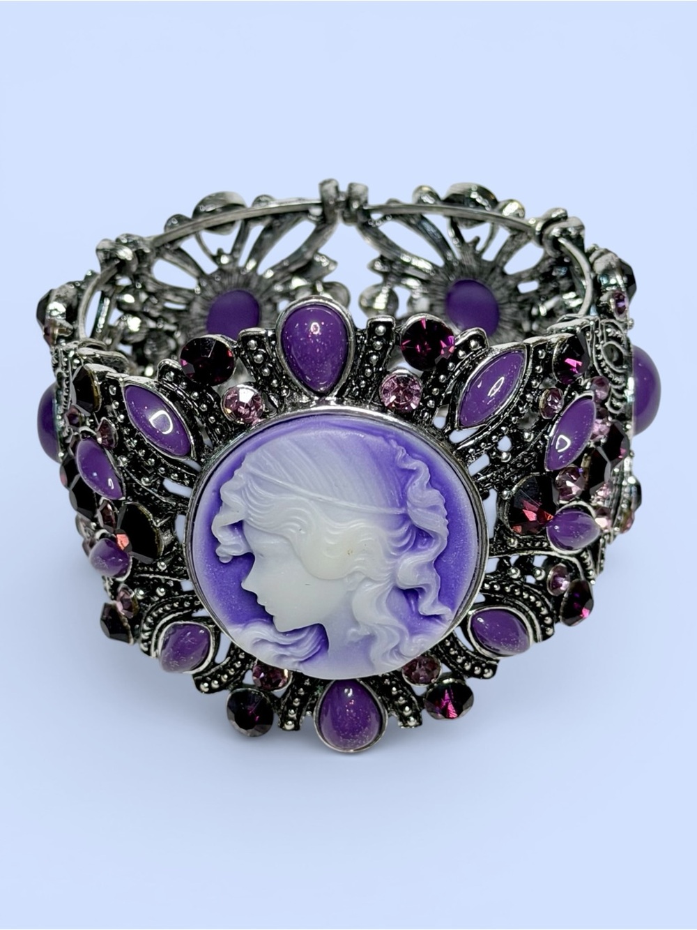 Victorian Revival Purple Cameo‎ Cuff Bracelet Silver Tone Filigree Rhinestones